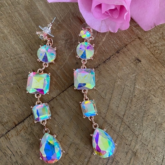 Rhinestone Statement Earrings Aurora Borealis VERY sparkly Spring Rose Gold Tone - Picture 14 of 16